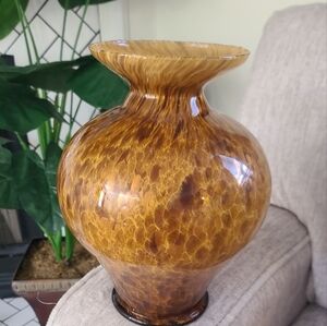 Lg Italian Murano Azzurra Maestri Vetrai Amber Vase w Gold Aventurine Spots, /g